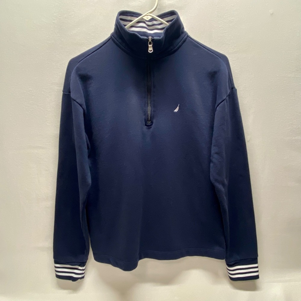 Nautica 1/2 Zip Sweatshirt Women's Small Navy Knit Pullover White‎ Stripe Trim